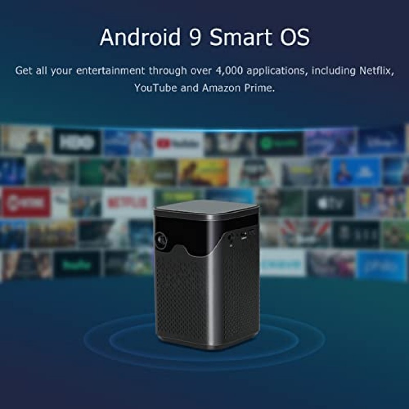 WiFi 및 Bluetooth 기능을 갖춘 BISOFICE 3-IN-1 미니 프로젝터, 4K 1080P 150 ANSI 루멘 DLP Android TV 9.0 스마트 휴대용 프로젝터, 3W 스피커, 가정용 자동 수직 키스톤, 리모컨이 있는 실외용