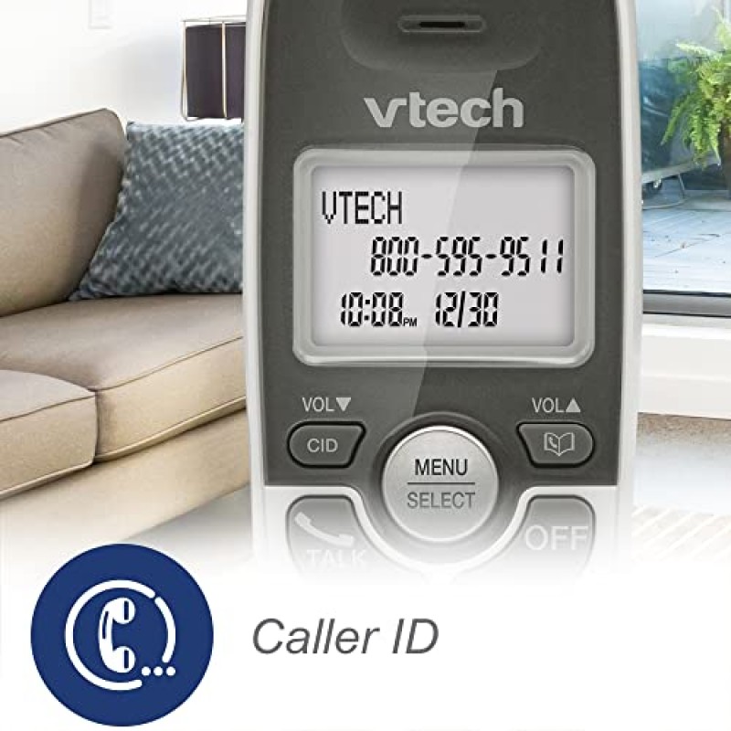 VTech VG101 DECT 6.0 가정용 무선 전화기, 파란색-흰색 백라이트 디스플레이, 큰 버튼, 전이중 스피커폰, 발신자 ID/통화 대기, 쉬운 벽 장착, 안정적인 1000피트 범위(흰색/회색)