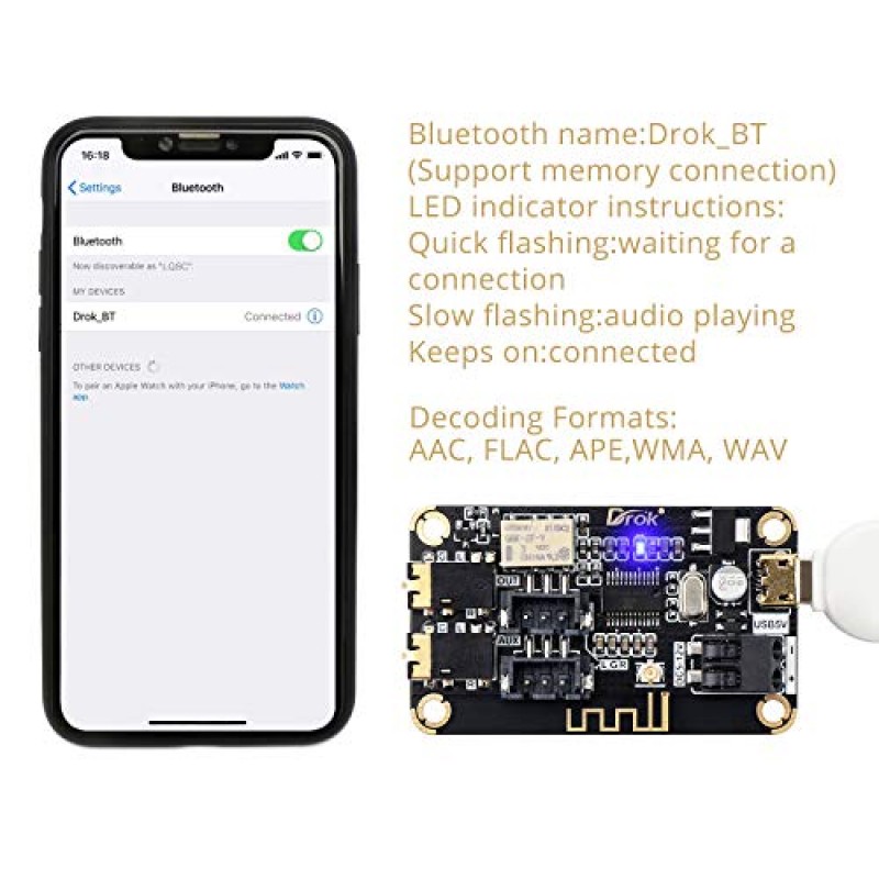 Blue~Tooth 보드, DROK 12V 오디오 수신기 Blue~Tooth 모듈 DC 5V-12V 휴대용 와이어~헤드폰 스피커용 마이크로 USB 포트가 있는 스테레오 음악 수신 회로 칩 홈 사운드 시스템 DIY