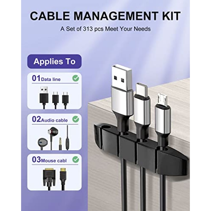 새로운 코드 관리 정리 키트 313개 데스크 키트 정리 액세서리 6개 케이블 슬리브 분할 77케이블 클립 8코드 클립 홀더 22접착성 케이블 타이 200TV용 지퍼 타이 사무용 컴퓨터 가전제품