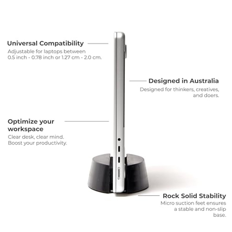 Nordik 수직형 노트북 스탠드 - 블랙 - 홈 오피스, 소프트웨어 엔지니어를 위한 프리미엄 노트북 도크 및 홀더 - Mac 사용자 및 노트북 사용자를 위한 공간 절약형 데스크 도크 - 안정적인 미끄럼 방지 목재 스탠드