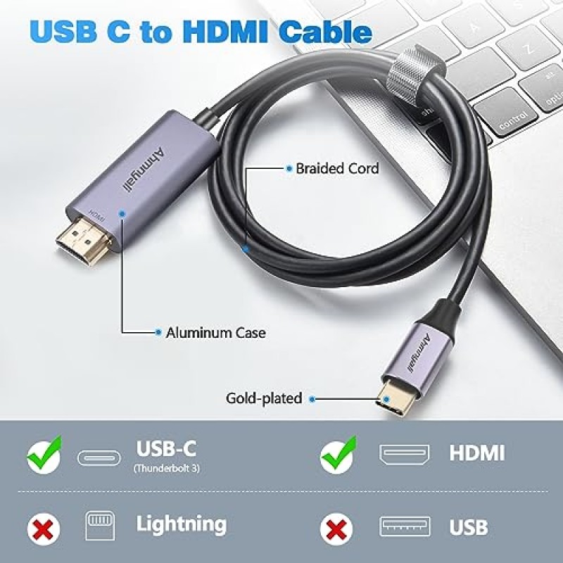 Ahmnyali 6피트 USB 유형 C - 홈 오피스용 HDMI 남성 - 남성 케이블, 4K@60Hz, Thunderbolt 3/4 MacBook, iPad, HP, Dell, Chromebook, Samsung 및 기타 유형 C 장치와 호환 가능