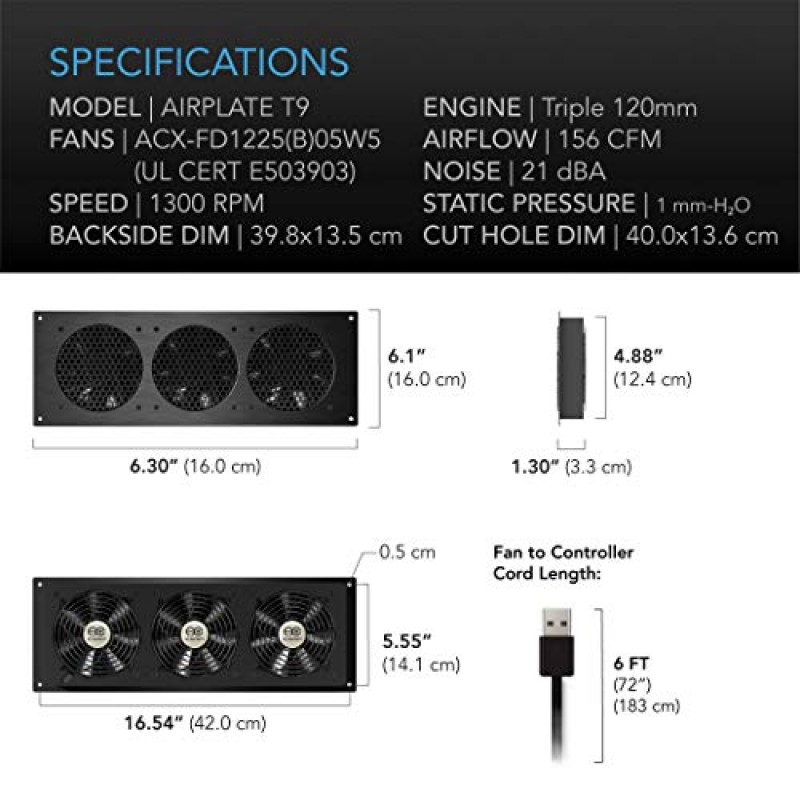 AC Infinity AIRPLATE T9, 홈 시어터 AV 캐비닛용 온도 조절 장치 제어 기능이 있는 저소음 냉각 팬 시스템 18