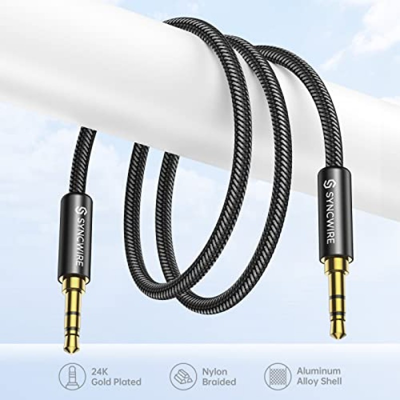 SYNCWIRE 3.5mm 나일론 편조 Aux 케이블(26.2피트/8m, Hi-Fi 사운드), 헤드폰, 자동차, 홈 스테레오, 스피커, iPhone, iPad, iPod, 에코 등을 위한 오디오 보조 입력 어댑터 남성-남성 AUX 코드 - 블랙