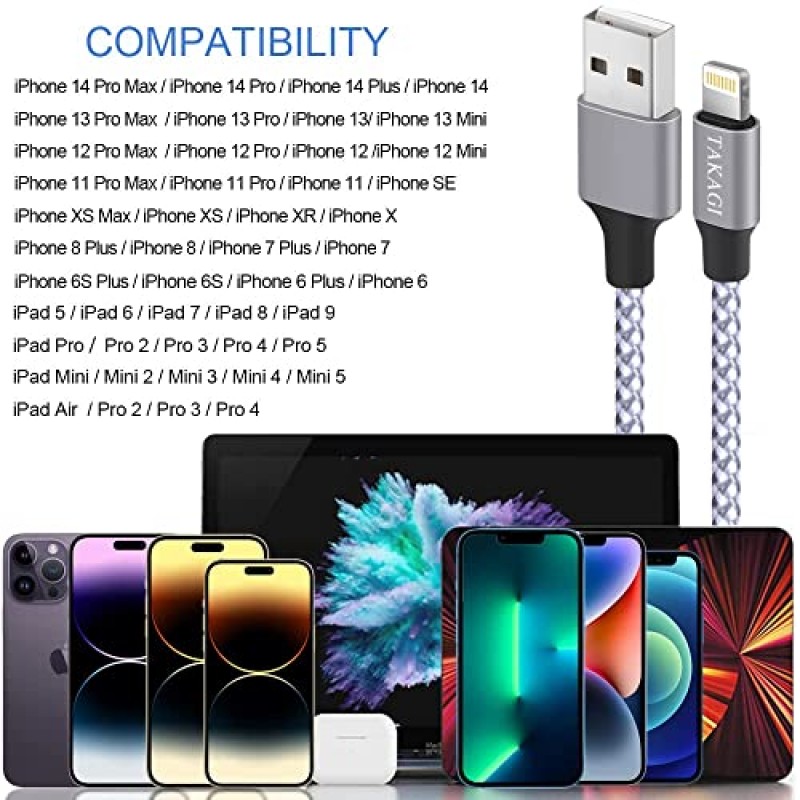 TAKAGI [Apple MFi 인증] iPhone 충전기, 라이트닝 케이블 3PACK 6FT 나일론 편조 USB 충전 케이블 iPhone 14/13/12/11 Pro Max/XS MAX/XR/XS/X/8/iPad와 호환되는 고속 전송 코드