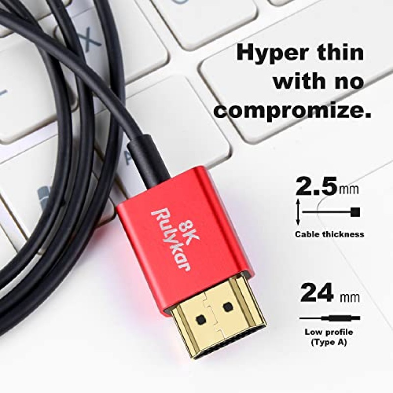 Rulykar Short Thin 8K 마이크로 HDMI - HDMI 1.0FT/0.3M, 초고속 48Gbps, 코드 Φ2.5mm, 8K@60Hz, 4K@120Hz, Hero 7 6 5 A6000 A6300 카메라 B500 3 Pro 등과 호환 가능…