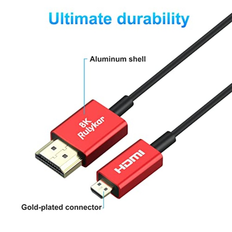 Rulykar Short Thin 8K 마이크로 HDMI - HDMI 1.0FT/0.3M, 초고속 48Gbps, 코드 Φ2.5mm, 8K@60Hz, 4K@120Hz, Hero 7 6 5 A6000 A6300 카메라 B500 3 Pro 등과 호환 가능…