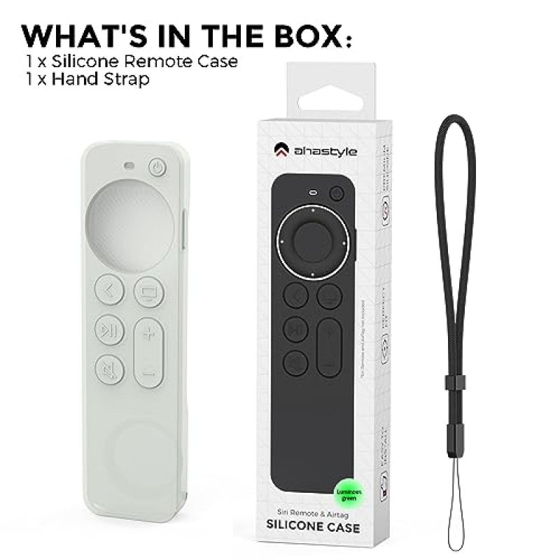 AhaStyle 케이스는 2022 Apple TV 4K HD Siri Remote 3세대[AirTag 홀더 내장] 올라운드 커버 Apple TV Remote/Siri Remote(2nd) 및 AirTag(Glow Green)와 호환됩니다.