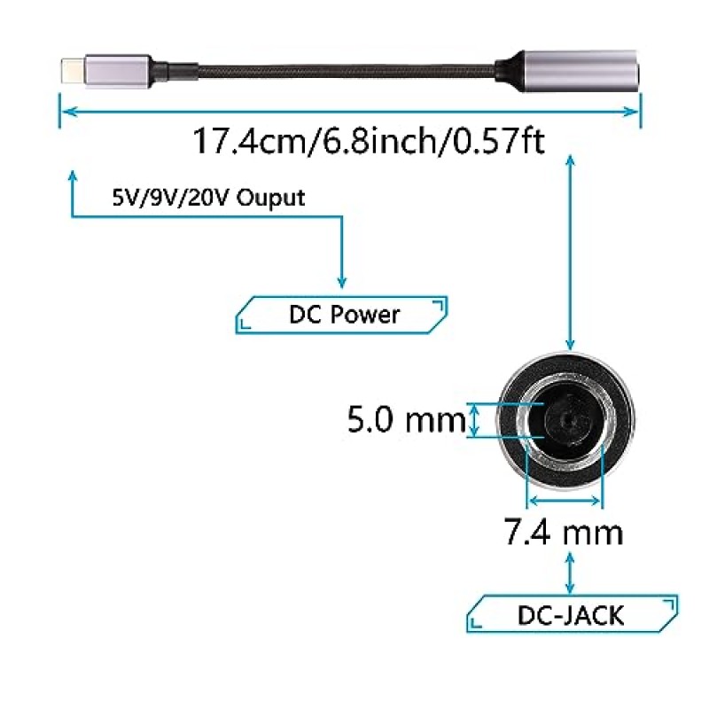 SinLoon PD DC 7.4mm x 5.0mm 암(7.4mm x 0.6mm) 입력 USB 유형 C 남성 전원 충전 케이블, 100W DC7450 - PD 자동 식별 칩이 있는 유형 C 케이블, 휴대폰, 태블릿, 노트북용(파란색)