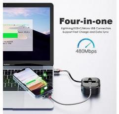 다중 충전 케이블 4.5A [4Ft/2Pack] 다중 고속 충전기 케이블 접이식 USB 케이블 삼성 Galaxy,iPhone,LG,Huawei,PS,태블릿용 Lightning/Type C/마이크로 USB 포트가 있는 3 in 1 다중 충전 동기화 케이블