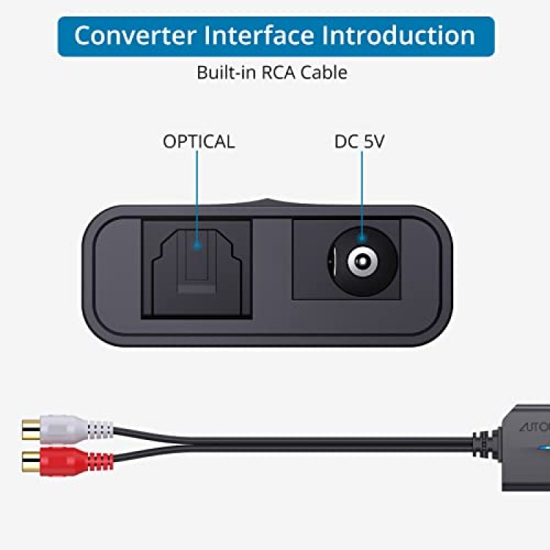 AUTOUTLET 192kHz 광-RCA 변환기 DAC 디지털-아날로그 오디오 변환기 Spdif/Optical/Toslink-RCA 오디오 어댑터(HDTV, DVD, Blu-Ray 플레이어 및 게임 콘솔용 3피트 광 케이블 포함)