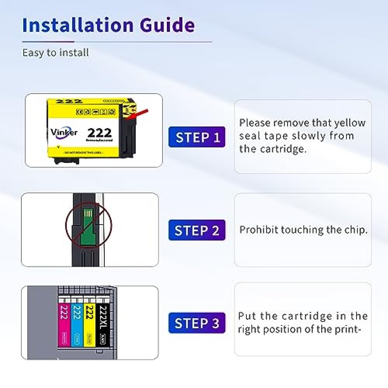 Vinker 222XL 재생 잉크 카트리지 교체용 Epson 222 잉크 카트리지 콤보 팩 T222 T222XL 222 XL for Expression Home XP-5200 XP5200 Workforce WF-2960 WF2960 프린터(4팩)