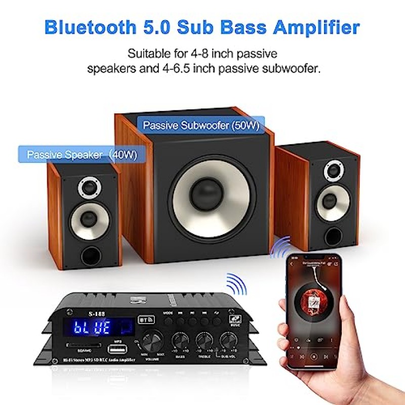 S-188 Bluetooth 오디오 전력 증폭기 2.1CH 40Wx2+50W Max. 600W 출력 Hi-Fi 서브우퍼 증폭기 통합 미니 스테레오 앰프 수신기(SD, USB, 원격 제어, 가정용 어댑터, 차량용 스피커 포함).