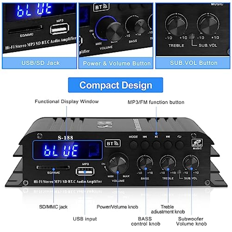 S-188 Bluetooth 오디오 전력 증폭기 2.1CH 40Wx2+50W Max. 600W 출력 Hi-Fi 서브우퍼 증폭기 통합 미니 스테레오 앰프 수신기(SD, USB, 원격 제어, 가정용 어댑터, 차량용 스피커 포함).