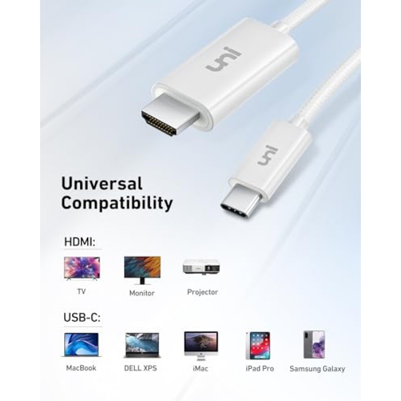 uni USB C-HDMI 케이블 6피트(4K@60Hz), USB Type C-HDMI 케이블, Thunderbolt 4/3 iPhone 15 Pro/Max, MacBook Pro/Air 2023, iPad Pro, Surface Book 2, Galaxy S8-S23, Chromebook-화이트