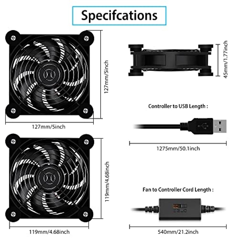 NewHail 2Pack 조용한 120mm USB 팬 듀얼 볼 베어링, 12cm USB 팬 5V, L/M/H 3도 속도 컨트롤러 포함 라우터 모뎀 수신기 DVR Playstation TV 박스용 높은 공기 흐름 냉각 팬