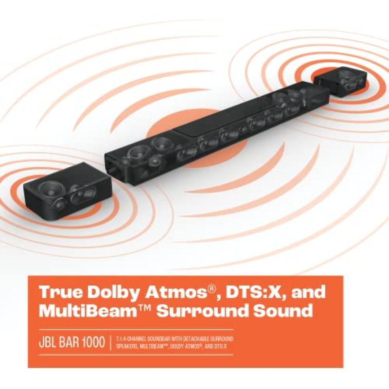 JBL Bar 1000: 분리형 서라운드 스피커, MultiBeam™, Dolby Atmos® 및 DTS:X®를 갖춘 7.1.4채널 사운드바, 블랙