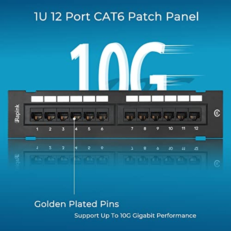 Rapink 패치 패널 12 포트 Cat6 10G 지원, 네트워크 패치 패널 UTP 10인치, 벽걸이 1U 이더넷 패치 패널 Cat6, Cat5e, Cat5 케이블링용 펀치 다운 블록