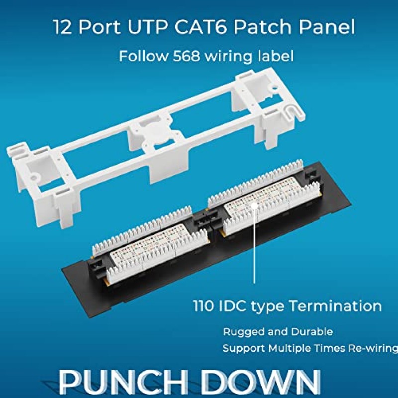 Rapink 패치 패널 12 포트 Cat6 10G 지원, 네트워크 패치 패널 UTP 10인치, 벽걸이 1U 이더넷 패치 패널 Cat6, Cat5e, Cat5 케이블링용 펀치 다운 블록