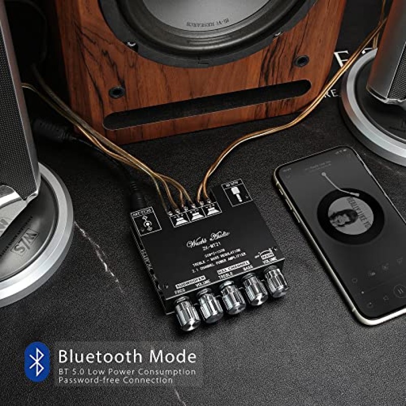 서브우퍼 2.1 채널이 포함된 Bluetooth 전력 증폭기 보드 50W×2+100W, DIY Bluetooth 오디오 및 스토어 홈 시어터용 고음 및 저음 제어 기능이 있는 12V-24V 오디오 전력 증폭기 모듈