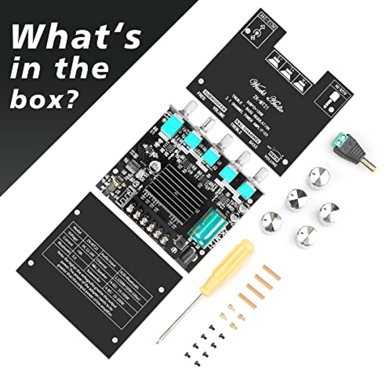 서브우퍼 2.1 채널이 포함된 Bluetooth 전력 증폭기 보드 50W×2+100W, DIY Bluetooth 오디오 및 스토어 홈 시어터용 고음 및 저음 제어 기능이 있는 12V-24V 오디오 전력 증폭기 모듈