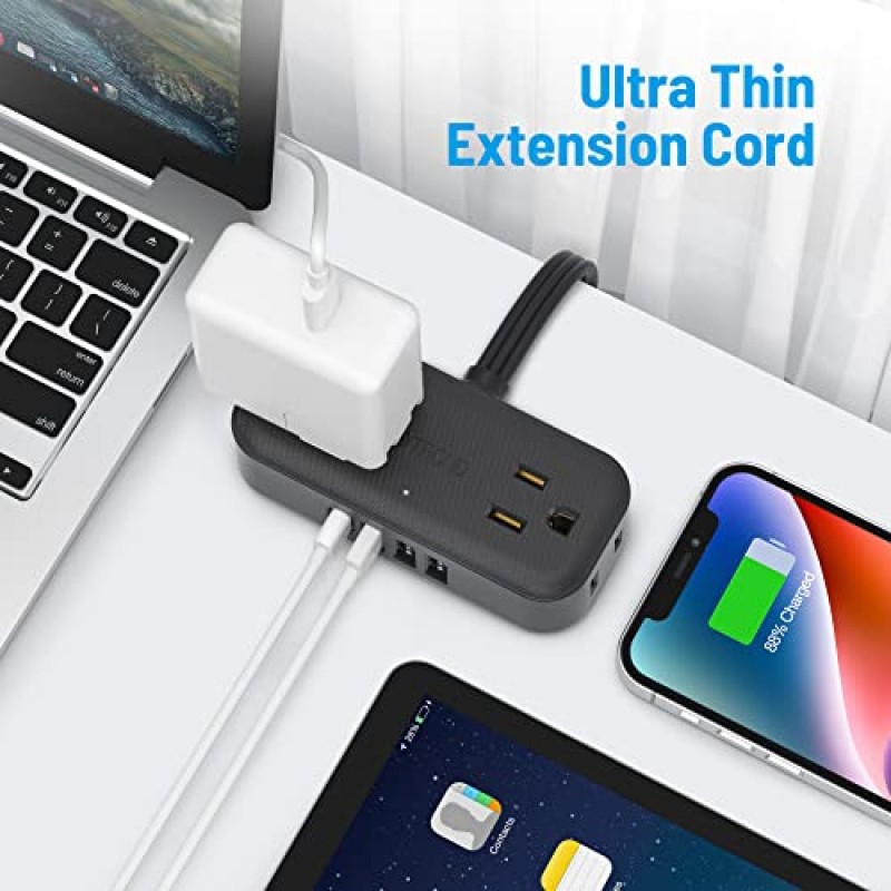 플랫 플러그 전원 스트립, 넓은 간격의 콘센트 4개, USB A 포트 3개 및 USB C 포트 1개를 갖춘 TROND 10피트 초박형 연장 코드, 크루즈 선박, 여행, 가정, 기숙사 필수품을 위한 슬림 데스크탑 충전 스테이션