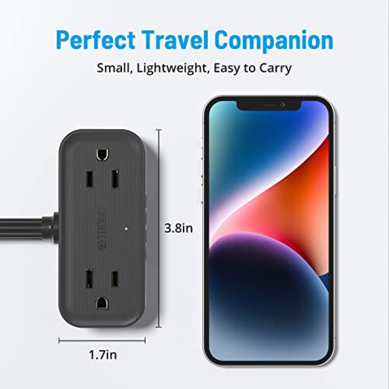 플랫 플러그 전원 스트립, 넓은 간격의 콘센트 4개, USB A 포트 3개 및 USB C 포트 1개를 갖춘 TROND 10피트 초박형 연장 코드, 크루즈 선박, 여행, 가정, 기숙사 필수품을 위한 슬림 데스크탑 충전 스테이션