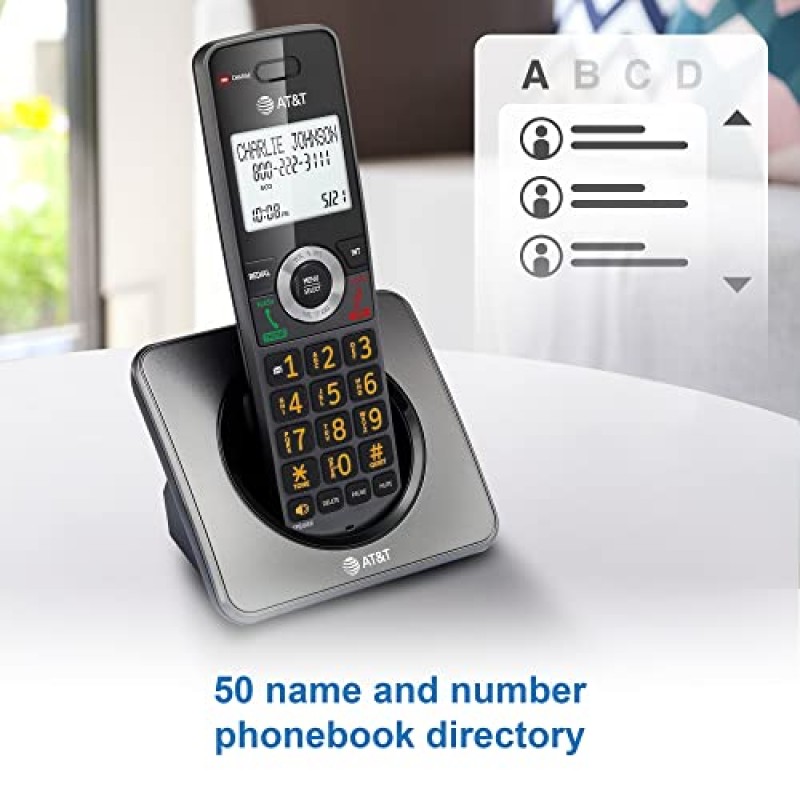 AT&T GL2101 DECT 6.0 통화 차단 기능이 있는 무선 집 전화기, 발신자 ID, 전이중 핸드셋 스피커폰, 2인치 흰색 백라이트 디스플레이, 조명 키패드(흑연 및 검정색)