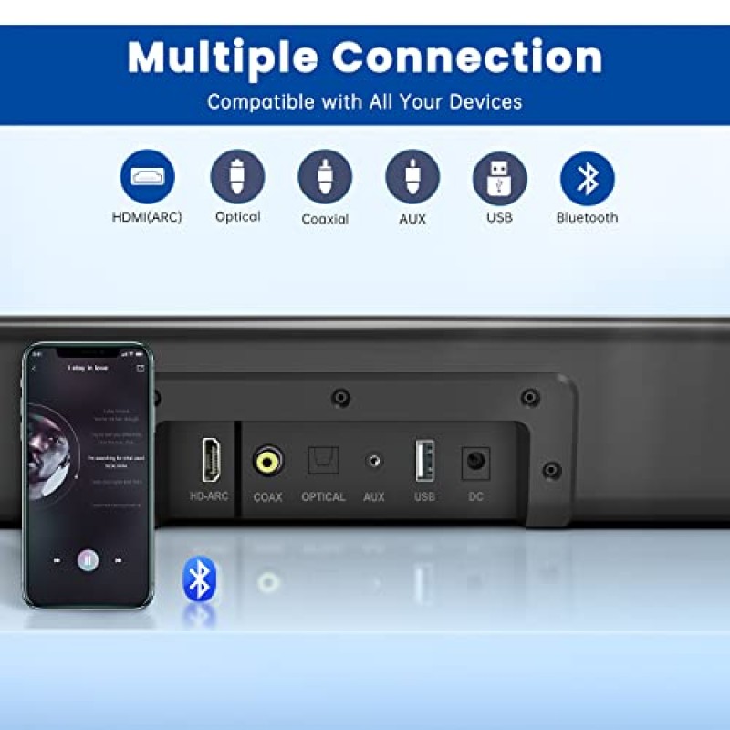 TV, PC, 게임, 모니터용 BESTISAN 사운드 바, Bluetooth 5.0/HDMI ARC/광/동축/AUX/USB 디스크 연결을 지원하는 50와트 사운드 바, 3가지 오디오 모드, 저음 조절 가능, 16인치, 벽 장착 가능