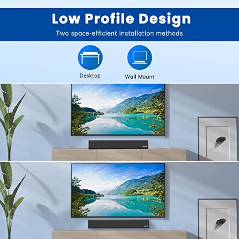 TV, PC, 게임, 모니터용 BESTISAN 사운드 바, Bluetooth 5.0/HDMI ARC/광/동축/AUX/USB 디스크 연결을 지원하는 50와트 사운드 바, 3가지 오디오 모드, 저음 조절 가능, 16인치, 벽 장착 가능