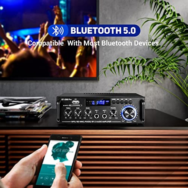 Facmogu 홈 오디오 증폭기, Bluetooth 5.0 수신기 무선 전력 증폭기, 최대 400Wx2 RMS 50Wx2 듀얼 채널 HiFi 사운드 오디오 시스템 홈 스테레오 수신기, 에코 포함 마이크, USB/RCA/FM 포함 저음 및 고음