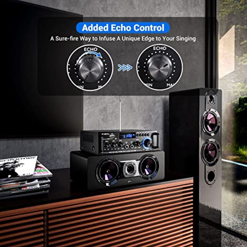 Facmogu 홈 오디오 증폭기, Bluetooth 5.0 수신기 무선 전력 증폭기, 최대 400Wx2 RMS 50Wx2 듀얼 채널 HiFi 사운드 오디오 시스템 홈 스테레오 수신기, 에코 포함 마이크, USB/RCA/FM 포함 저음 및 고음