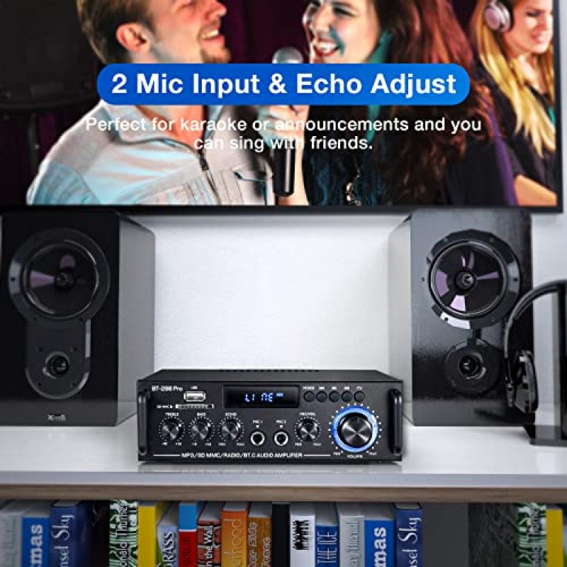 Facmogu 홈 오디오 증폭기, Bluetooth 5.0 수신기 무선 전력 증폭기, 최대 400Wx2 RMS 50Wx2 듀얼 채널 HiFi 사운드 오디오 시스템 홈 스테레오 수신기, 에코 포함 마이크, USB/RCA/FM 포함 저음 및 고음