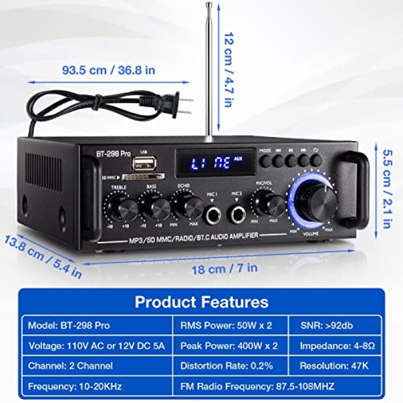 Facmogu 홈 오디오 증폭기, Bluetooth 5.0 수신기 무선 전력 증폭기, 최대 400Wx2 RMS 50Wx2 듀얼 채널 HiFi 사운드 오디오 시스템 홈 스테레오 수신기, 에코 포함 마이크, USB/RCA/FM 포함 저음 및 고음