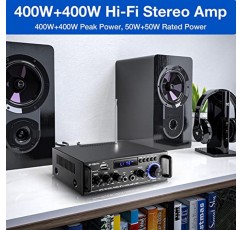 Facmogu 홈 오디오 증폭기, Bluetooth 5.0 수신기 무선 전력 증폭기, 최대 400Wx2 RMS 50Wx2 듀얼 채널 HiFi 사운드 오디오 시스템 홈 스테레오 수신기, 에코 포함 마이크, USB/RCA/FM 포함 저음 및 고음