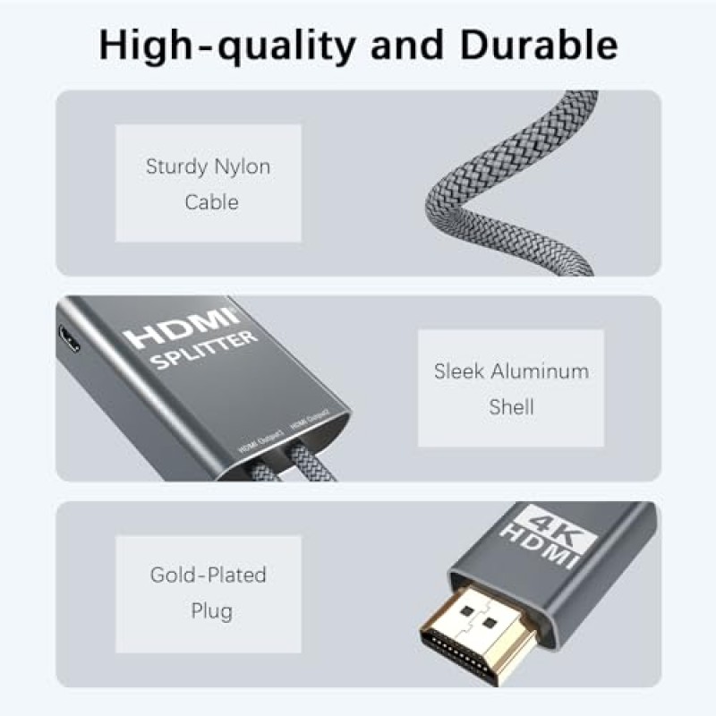 Basesailor HDMI 분배기 케이블 1 in 2 Out 4피트(유형 C 코드 포함), 듀얼 모니터용 알루미늄 4K 30hz HDMI 분배기, HDTV HD, LED용 이중 암 포트 HDMI 분배기 어댑터 확장 디스플레이 변환