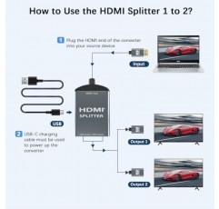 Basesailor HDMI 분배기 케이블 1 in 2 Out 4피트(유형 C 코드 포함), 듀얼 모니터용 알루미늄 4K 30hz HDMI 분배기, HDTV HD, LED용 이중 암 포트 HDMI 분배기 어댑터 확장 디스플레이 변환