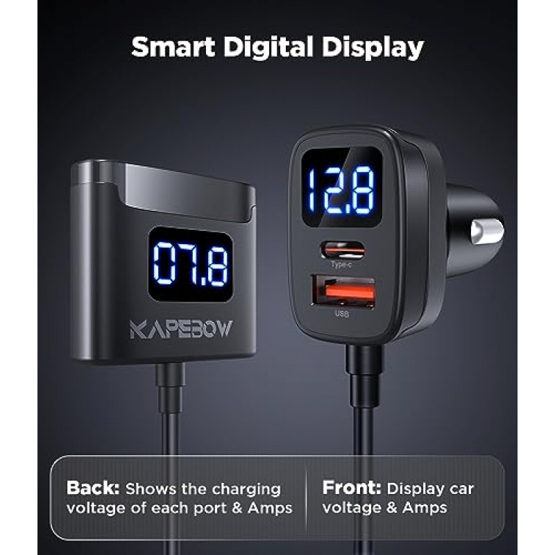 kapebow 78W 고속 충전 USB C 차량용 충전기, 전압 디스플레이가 있는 5포트 차량용 휴대폰 충전기, iPhone iPad Samsung Pixel 휴대폰용 뒷좌석용 5FT 연장 PD&QC 3.0 Type C 차량용 충전기