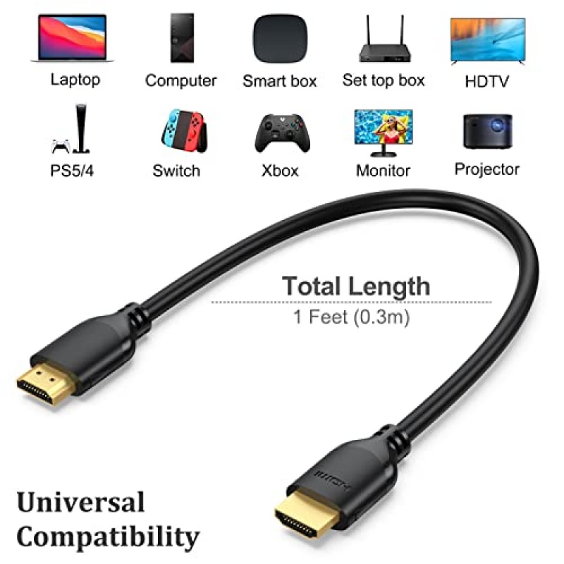 UVOOI 짧은 HDMI 케이블 1피트 10팩, 4K 1FT HDMI - HDMI 케이블 고속 HDMI 2.0 코드는 4K@60Hz, 2K, 1080P, HDCP 2.2, HDR, 3D, ARC 및 이더넷을 지원합니다.