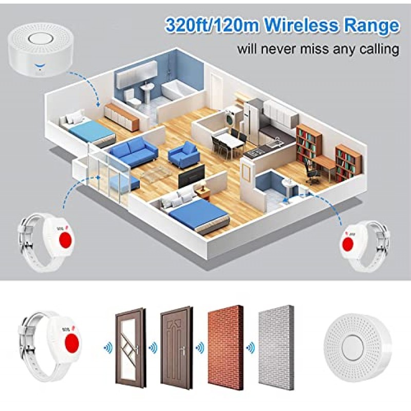 WiFi 간병인 호출기 호출 버튼 무선 다기능 호출기 시스템 앱 제어 노인 환자를위한 집의 긴급 경보 호출기 1 팔찌 호출 버튼 1 수신기