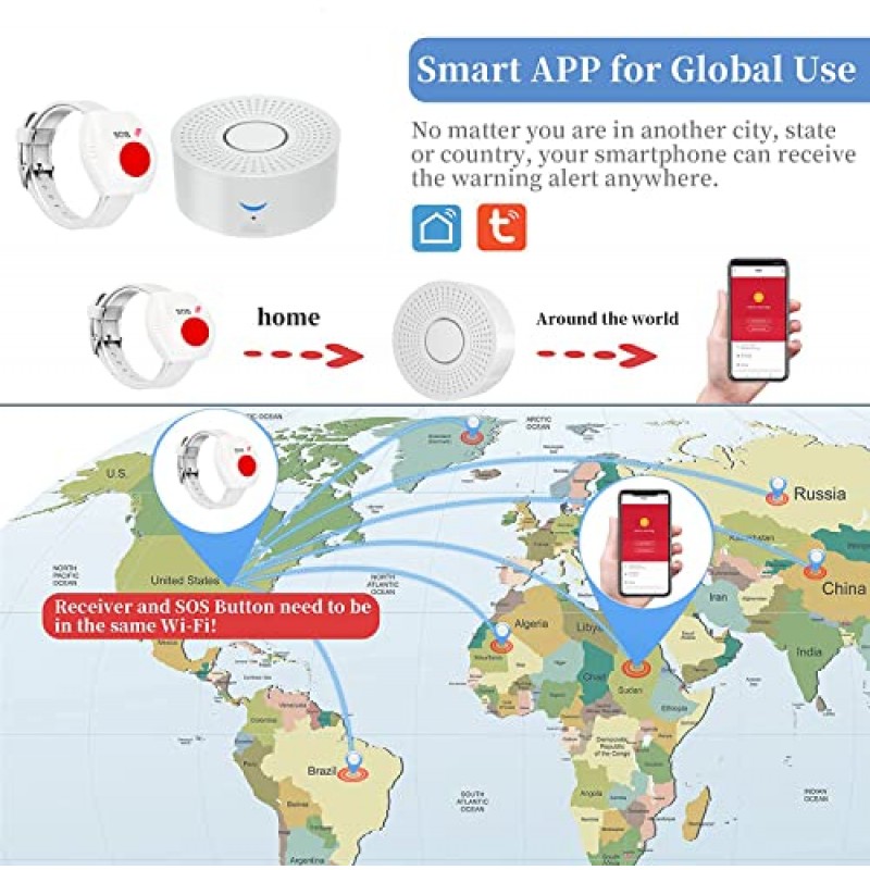 WiFi 간병인 호출기 호출 버튼 무선 다기능 호출기 시스템 앱 제어 노인 환자를위한 집의 긴급 경보 호출기 1 팔찌 호출 버튼 1 수신기