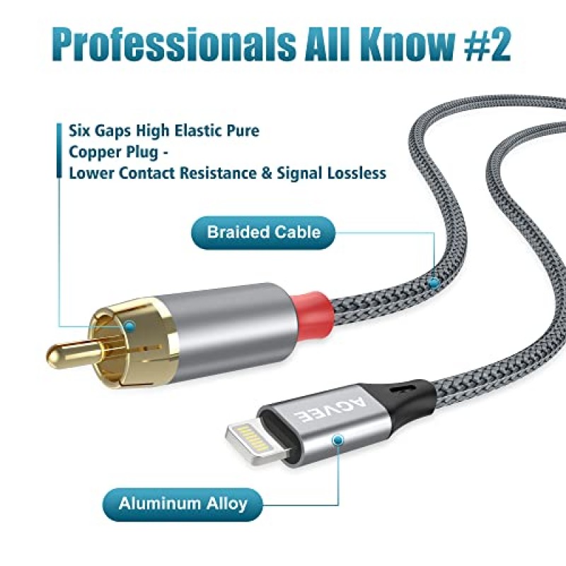 AGVEE 4피트 [MFi 인증] Lightning-RCA 케이블 오디오 Y 코드 어댑터 변환기 iPhone 14 13 12 11 XS XR X 8 7 iPad iPod-자동차, 홈 스테레오 스피커 헤드폰, 증폭기, HDTV, 회색
