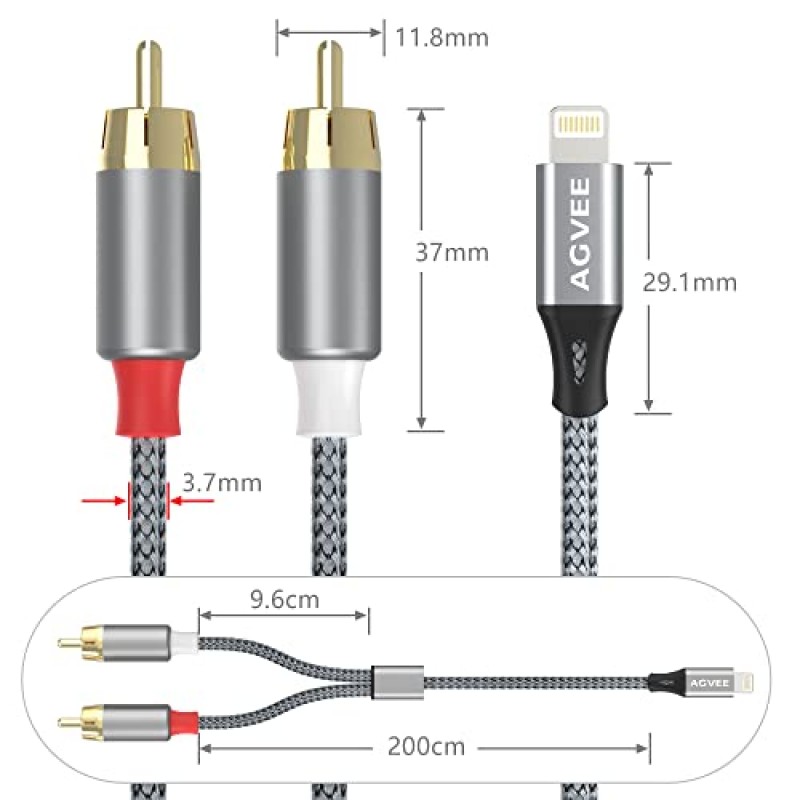 AGVEE 4피트 [MFi 인증] Lightning-RCA 케이블 오디오 Y 코드 어댑터 변환기 iPhone 14 13 12 11 XS XR X 8 7 iPad iPod-자동차, 홈 스테레오 스피커 헤드폰, 증폭기, HDTV, 회색