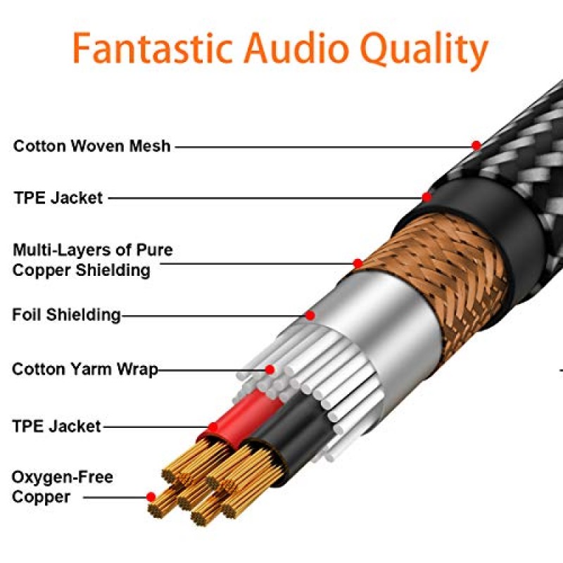 tisino 1/8 ~ 1/4 스테레오 케이블, 3.5mm ~ 1/4 어댑터 기타, 키보드 피아노, 노트북, 홈 시어터 장치, 스피커 및 앰프용 Aux 코드 스테레오 오디오 케이블 -나일론 브레이드 10피트