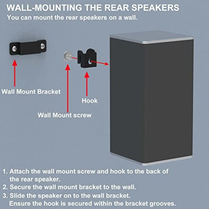 Sony, Vizio, Samsung, Roku 등의 사운드 스피커용 범용 스피커 벽 마운트, 후면 위성 스피커 또는 사운드 바용 스피커 브래킷, 벽의 TV 아래에 장착