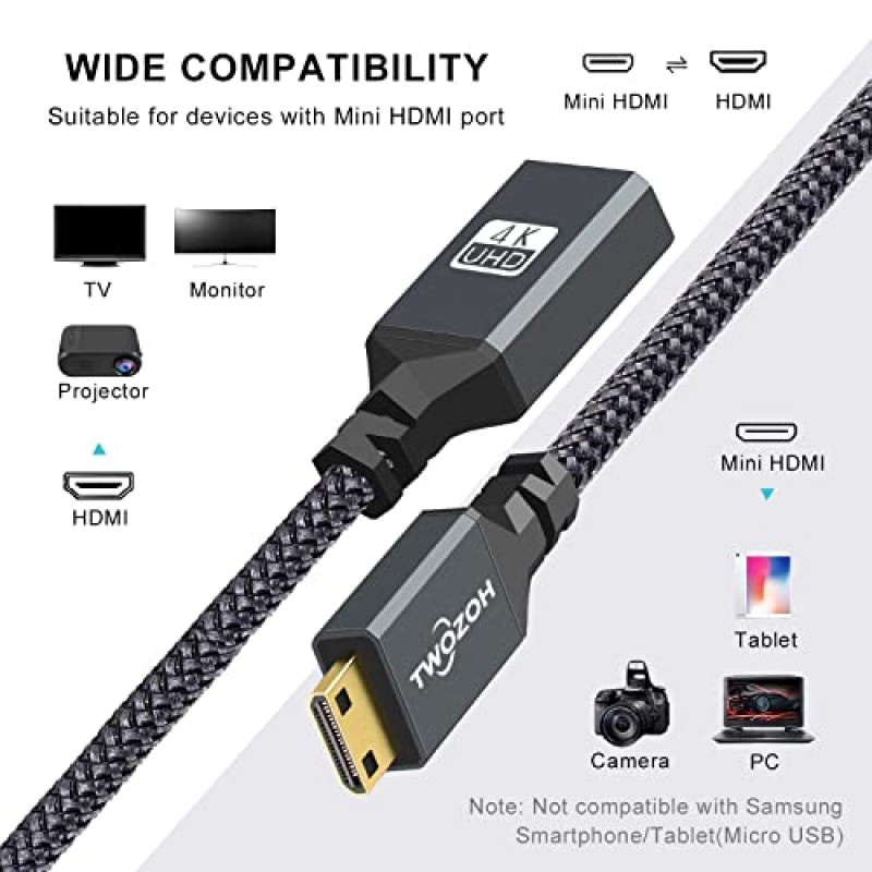 Twozoh 미니 HDMI - HDMI 어댑터 2팩, 미니 HDMI 남성 - HDMI 여성 편조 연장 케이블 지원 3D 4K 1080p 캠코더, 그래픽 카드, 노트북, 태블릿, HDTV, 프로젝터