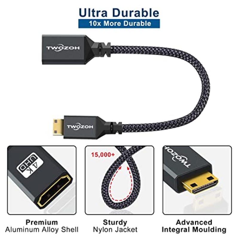 Twozoh 미니 HDMI - HDMI 어댑터 2팩, 미니 HDMI 남성 - HDMI 여성 편조 연장 케이블 지원 3D 4K 1080p 캠코더, 그래픽 카드, 노트북, 태블릿, HDTV, 프로젝터