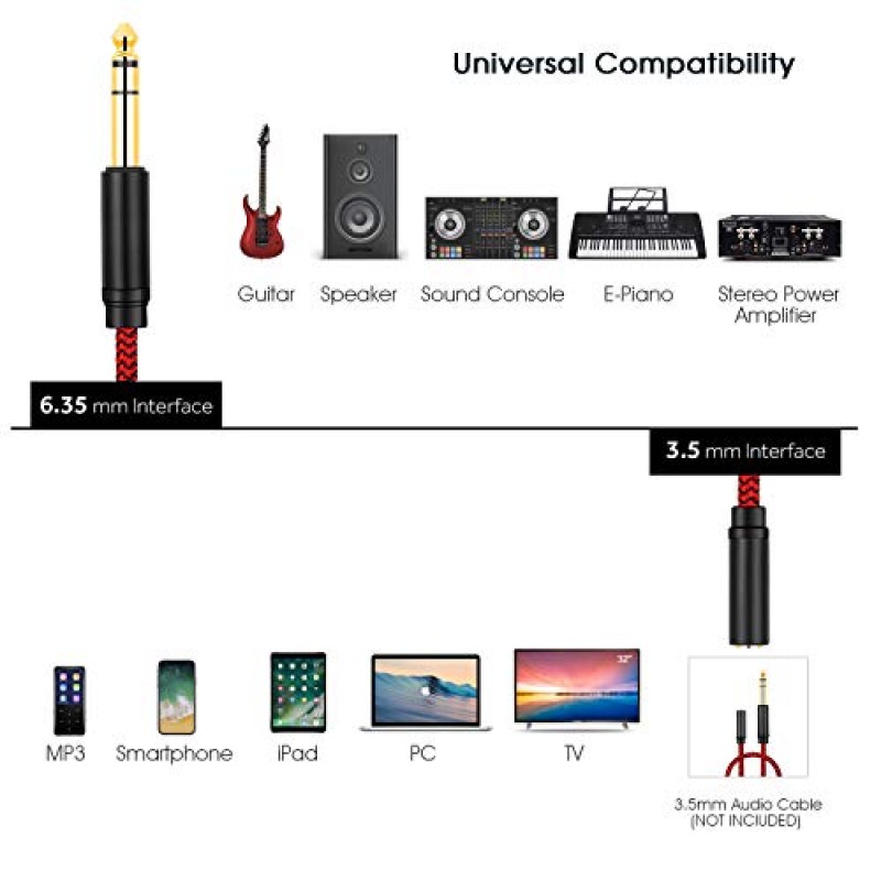 6.35 남성-여성 3.5 헤드폰 어댑터 13Ft,TRS 1/4 ~ 3.5mm 스테레오 코드 앰프, 기타 앰프, 피아노, 홈 시어터 장치 또는 믹싱 콘솔용 6.35mm 1/4 남성 ~ 3.5mm 1/8 여성(13Ft/4M )