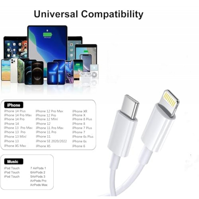 USB C-라이트닝 케이블 3 팩 10Ft Apple MFi 인증 20W iPhone 고속 충전기 코드 포트 지원 유형 C-라이트닝 충전 코드 iPhone 14/13/12/11 Pro Max/XS MAX/XR/X/8/7과 호환 가능