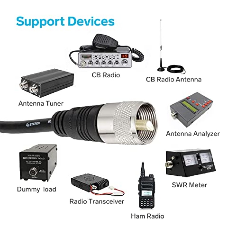 RG8X 동축 케이블 - 커넥터 - RG8X 동축 - UHF CB 안테나 케이블 - CB 동축 케이블 - 100피트/30.4미터 UHF PL259 수-수 저손실 케이블 - HAM 라디오용 50Ω - 안테나 분석기 STEREN 205-700